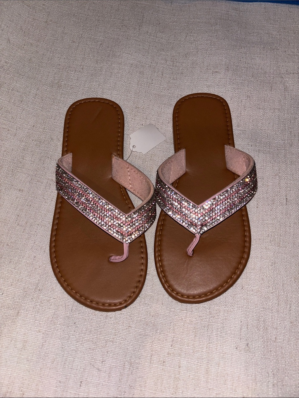 Girls' Pink Glitter Toe-Post Sandals with Brown Footbed